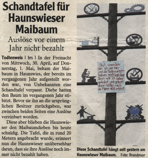 Schandtafel für Haunswieser Maibaum